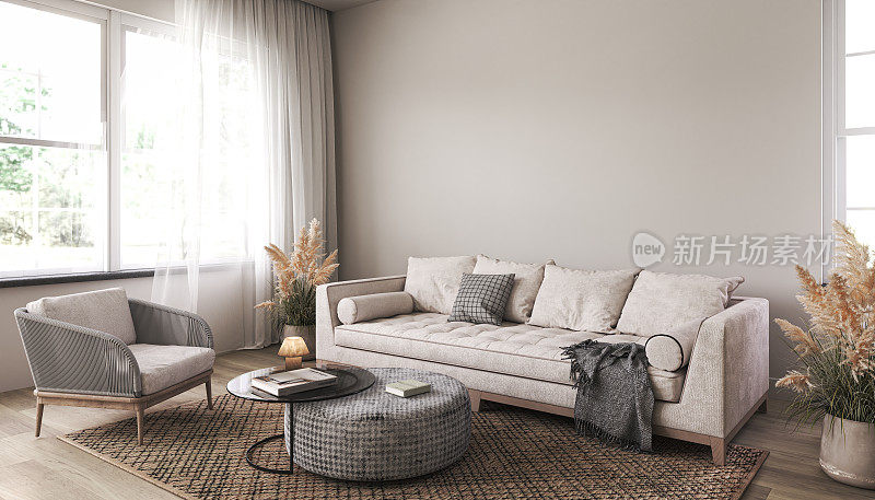 白色的室内设计，配有浅色沙发和扶手椅。波西米亚地毯和带窗帘的窗户。墙壁模型在现代豪华客厅。3 d渲染。高质量3d插图